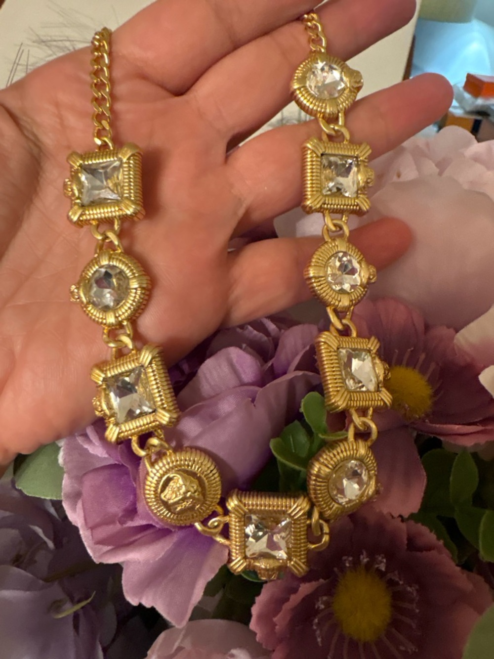 Versace Gold-Tone Crystal Statement Necklace - Clear Crystal